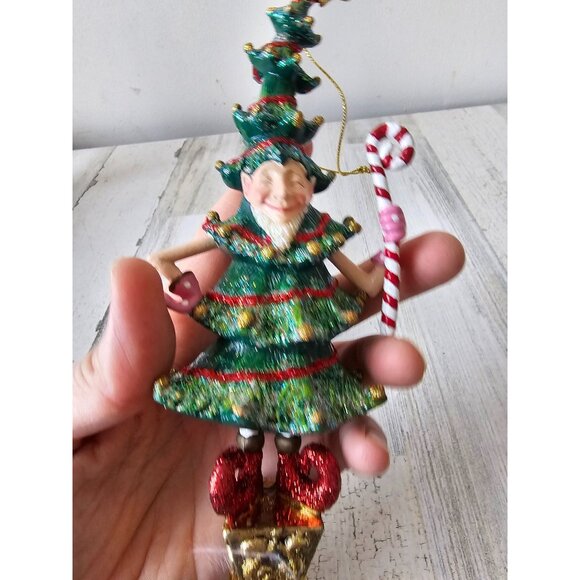 Glitter elf tree ornament green candy cane unique large Xmas - Picture 6 of 8